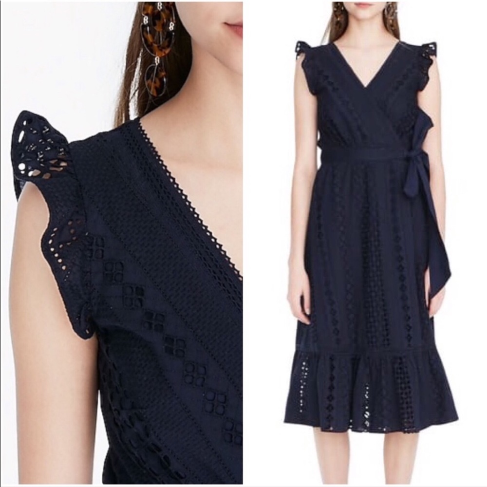 J Crew Eyelet Lace Midi Wrap Dress Navy Blue 0